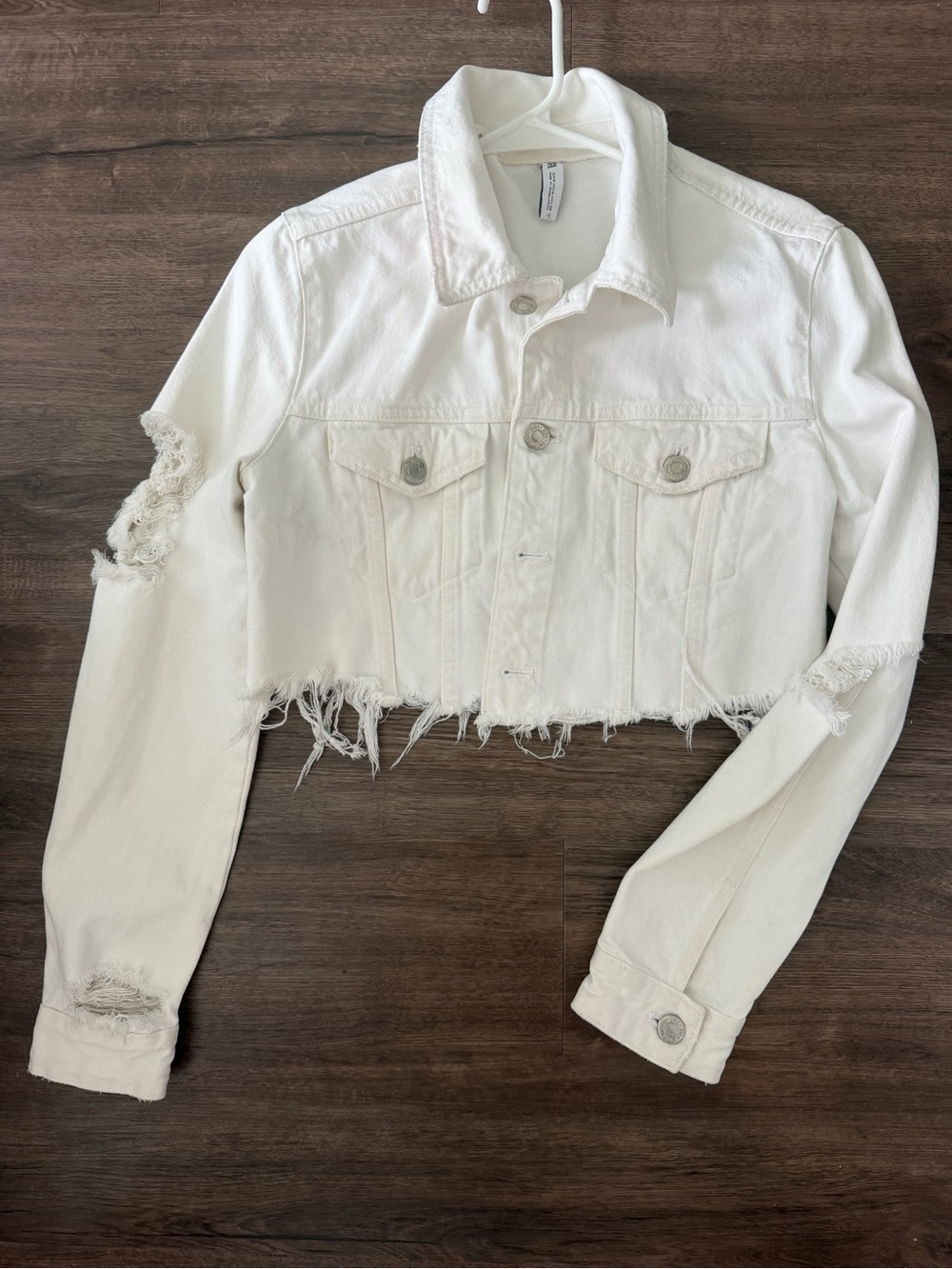 Zara Cropped Distressed White Denim Jacket